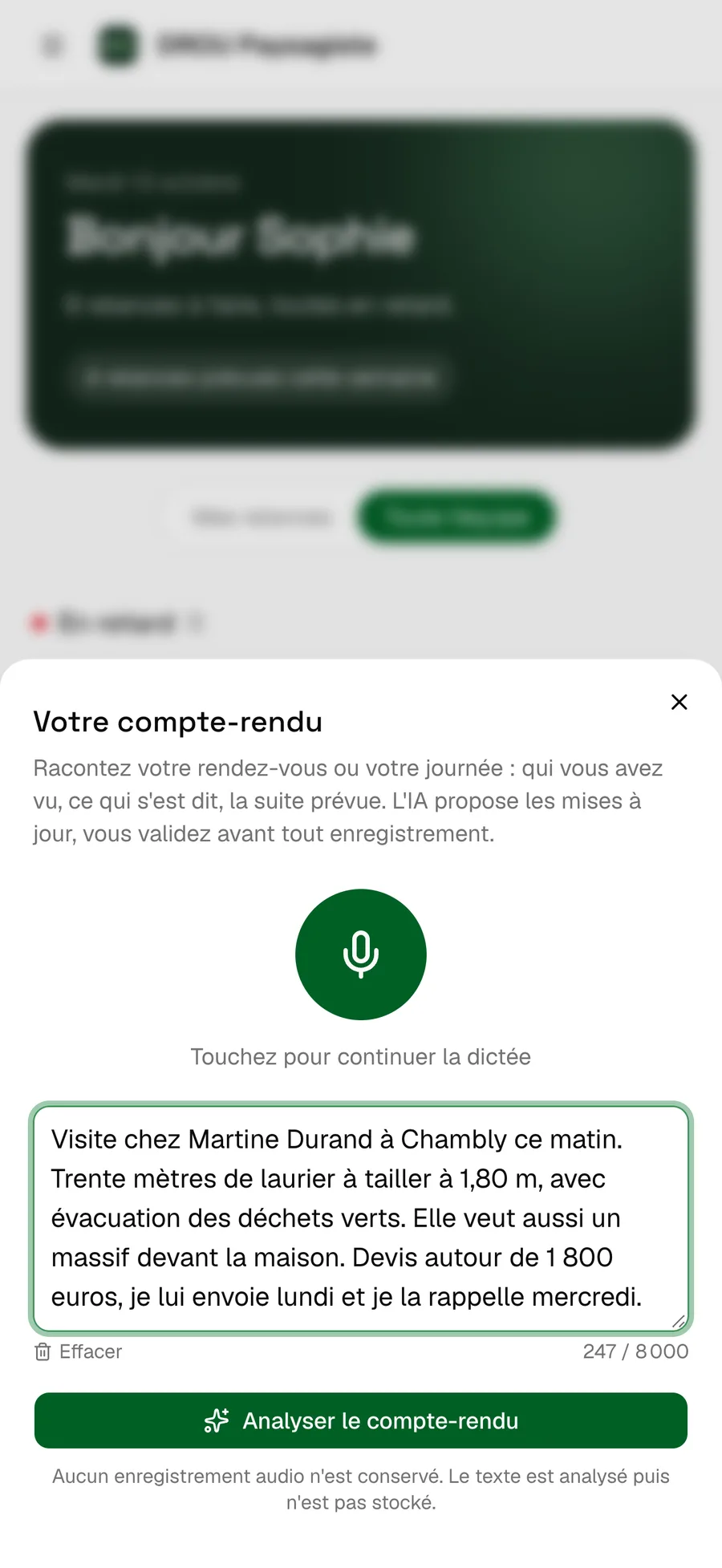 Compte-rendu d'une visite de jardin, dicté au micro