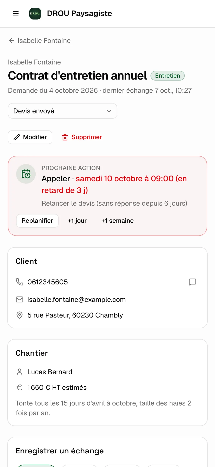 Fiche chantier avec la prochaine action planifiée